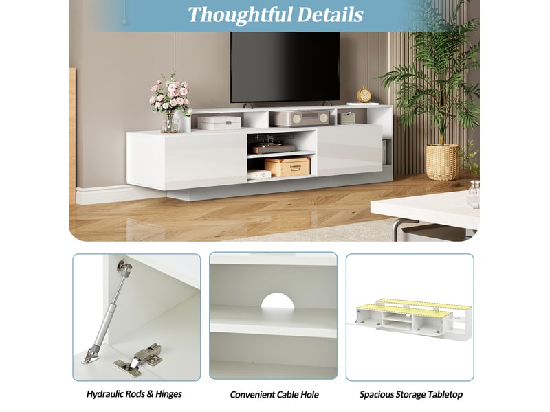  Meuble tv moderne 190x40x48,5 cm, pour écrans jusqu'à 70 pouces, éclairage led, rangements, panneau particules, blanc  - Conforama D