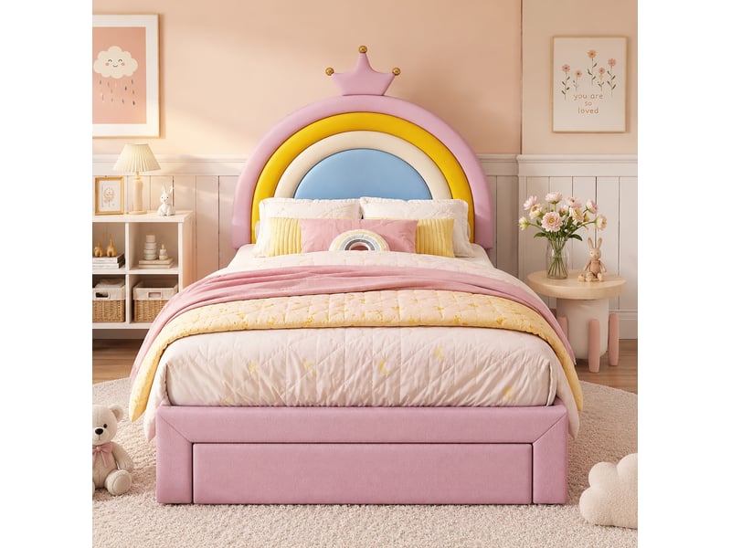  Lit enfant rembourré 90 x 200 cm en pu avec sommier, tiroir et tête de lit réglable rose chicfurn  - Conforama E