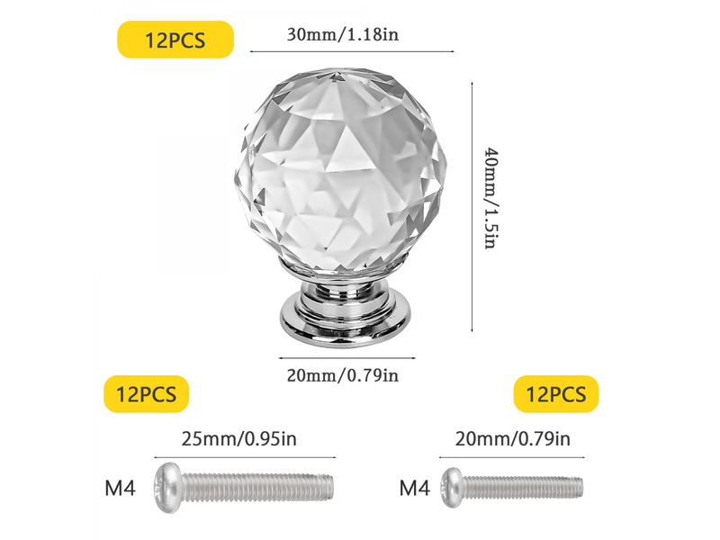  Bouton de tiroir diamant 12 pièces bouton sphérique pour meubles diamant, poignée pour meubles avec 2 tailles de vis, pour tiroirs d'armoires  - Conforama B