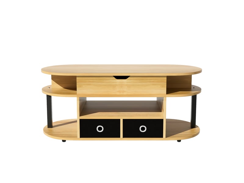  Table basse en bois avec plateau relevable, rangement et tiroirs en tissu noir, multifonctionnelle et élégante  - Conforama A