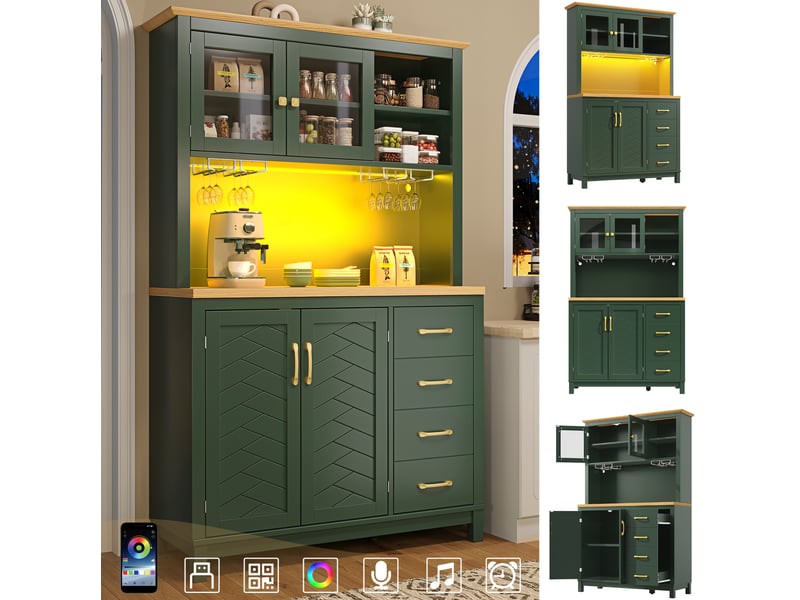  Buffet de cuisine 4 portes, 4 tiroirs, led et porte-verres, 105,5 x 40 x 180 cm, vert  - Conforama E