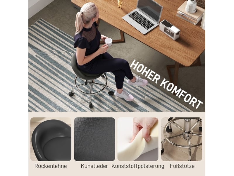  Tabouret de travail 33x37x49-65 cm à roulettes réglable, pivotant à 360°, avec dossier, pour bureau, similicuir noir  - Conforama D