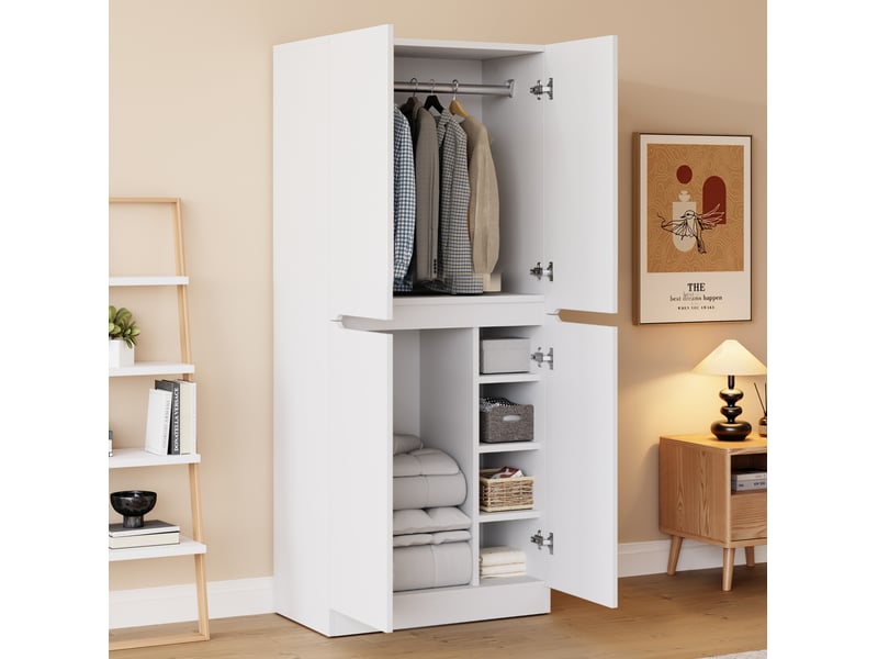 Armoire avec 2 portes, penderie et compartiments intérieurs de rangement pour chambre, en bois blanc, 70 × 40 × 170 cm - Conforama B