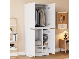 Armoire avec 2 portes, penderie et compartiments intérieurs de rangement pour chambre, en bois blanc, 70 × 40 × 170 cm
