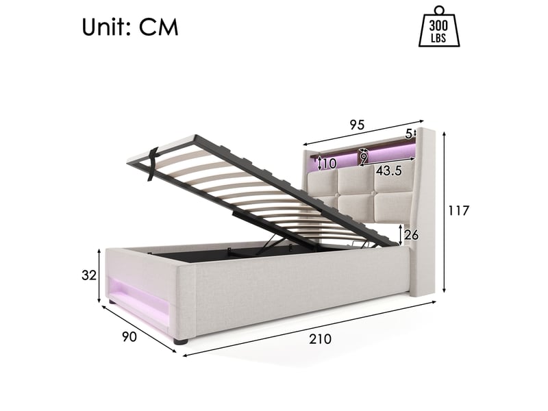  Modenvie lit coffre 90x200 cm - avec rangement, led, ports usb et matelas inclus - beige  - Conforama C