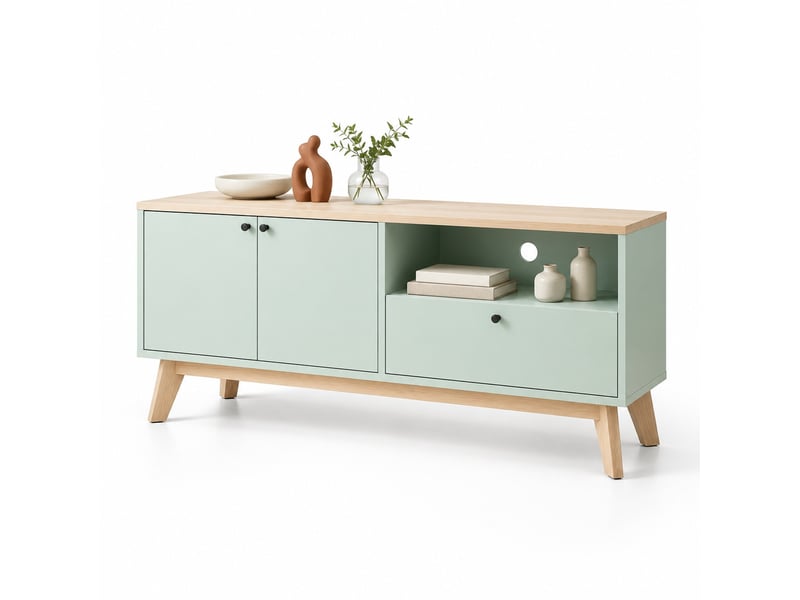  Meuble tv 120 x 35 x 50 cm, vert clair et chêne, 2 portes, 1 tiroir et 1 niche  - Conforama A