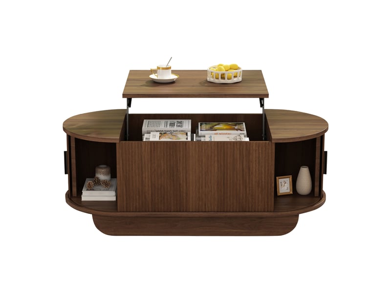  Table basse relevable 100 x 50 x 42 cm jusqu’à 55,5 cm, avec rangement et volets coulissants, meuble ovale en mdf effet noyer à mécanisme hydraulique  - Conforama E