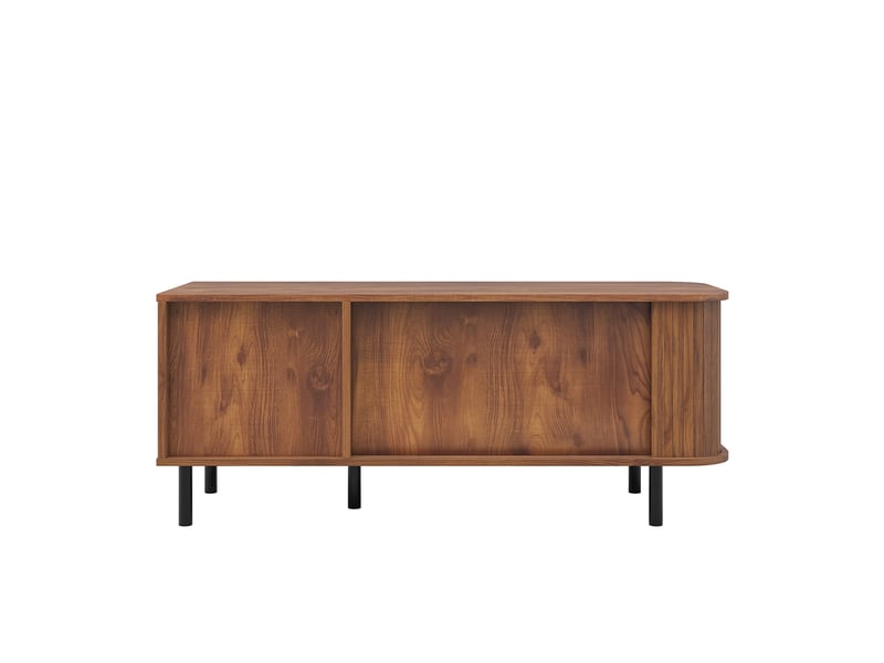 Table basse avec porte coulissante, table de salon moderne avec rangement, table d'appoint rectangulaire à lattes, table de chevet avec compartiment de rangement ouvert pour le salon - Conforama E