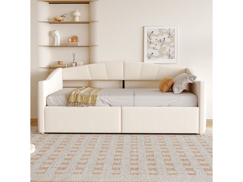 Lit coffre enfant 90x200 cm canapé-lit avec rangement, velours, beige, sans matelas - Conforama B