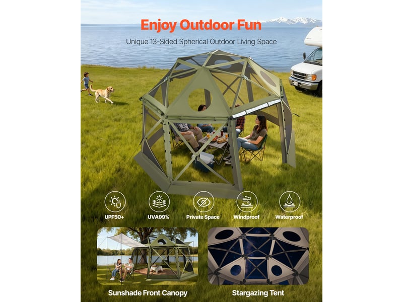  Vevor tente moustiquaire tonnelle pop-up 3,96x3,96 m tente moustiquaire pliante 10-12 personnes 13 cotes abri solaire pour camping famille, terrasse, jardin, avec toit amovible, sac de transport, vert  - Conforama C