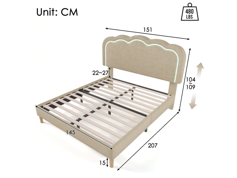  Lit double 140 x 200 cm avec tête de lit réglable, lit enfant avec led, lit 2 personnes avec cadre de lit en bois, tissu en lin  - Conforama D