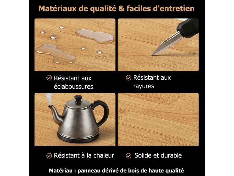  Îlot de cuisine avec plateau extensible, 4 tiroirs, 2 placards et étagères réglables, blanc, 140 × 80 × 90 cm  - Conforama E