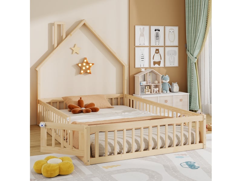  Lit cabane 140x200 cm forme cheminée avec barrière de sécurité, bois naturel sans matelas  - Conforama D