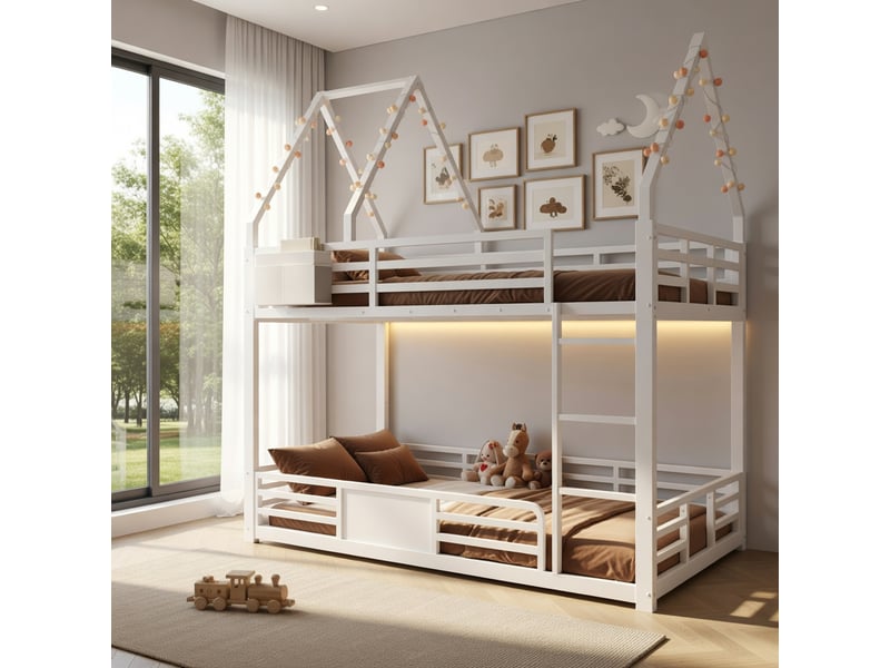 Lit superposé 140 x 200 cm, en métal, avec éclairage led et barrières de sécurité, blanc - Conforama B