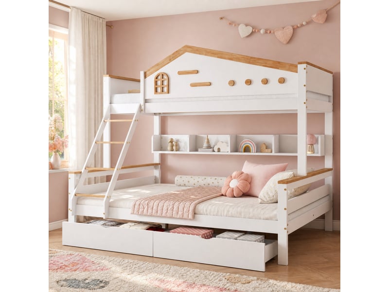  Lit superposé enfant 90x200 cm et 140x200 cm, 2 tiroirs, blanc et bois naturel  - Conforama B