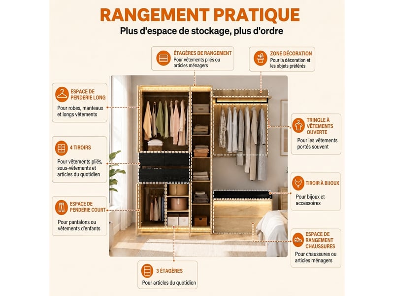  Armoire 4 portes blanche 135x200cm avec led et prise intégrée, 5 tiroirs 2 tringles, meuble chambre moderne  - Conforama R