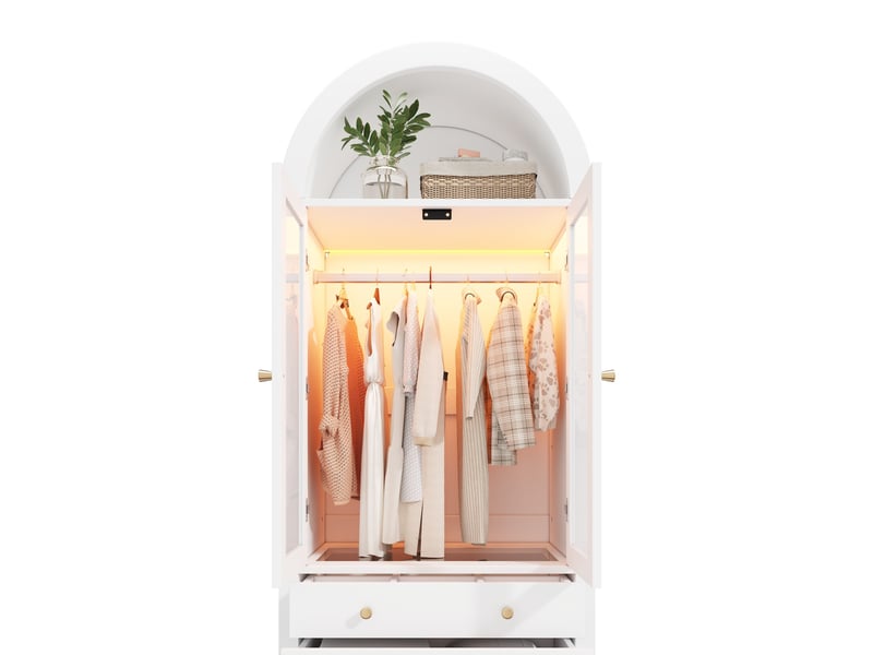  Armoire 80x50x200 cm cintrée avec led, portes vitrées et 3 tiroirs blanche  - Conforama A