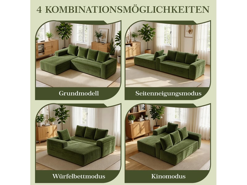  Canapé d'angle modulaire 4 places avec méridienne réversible sans montage en velours côtelé vert  - Conforama E