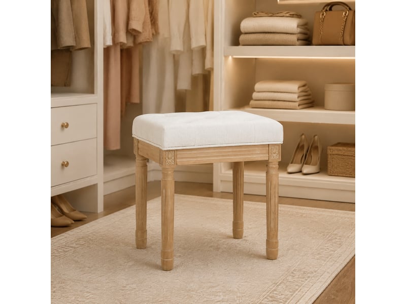  Hocker en lin, banc rembourré, repose-pieds en bois, 42 x 32 x 46,5 cm, beige  - Conforama D