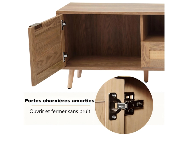  Meuble tv bas à façades effet rotin et pieds en bois massif, panneaux de particules, 200 × 37 × 49 cm, chêne  - Conforama E