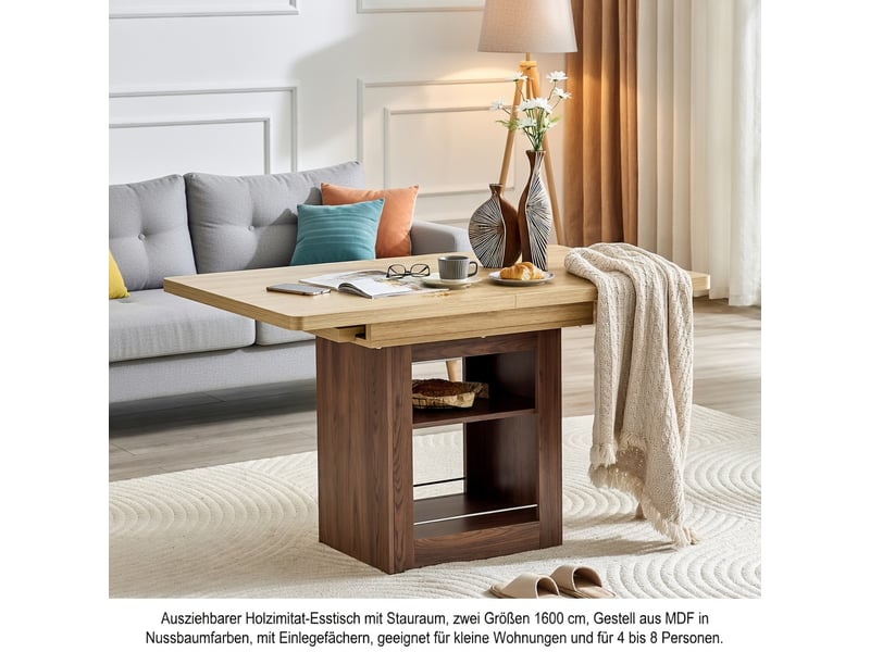 Table à rallonges imitation bois, noyer, en mdf, avec tablette intégrée, couleur naturelle - Conforama D