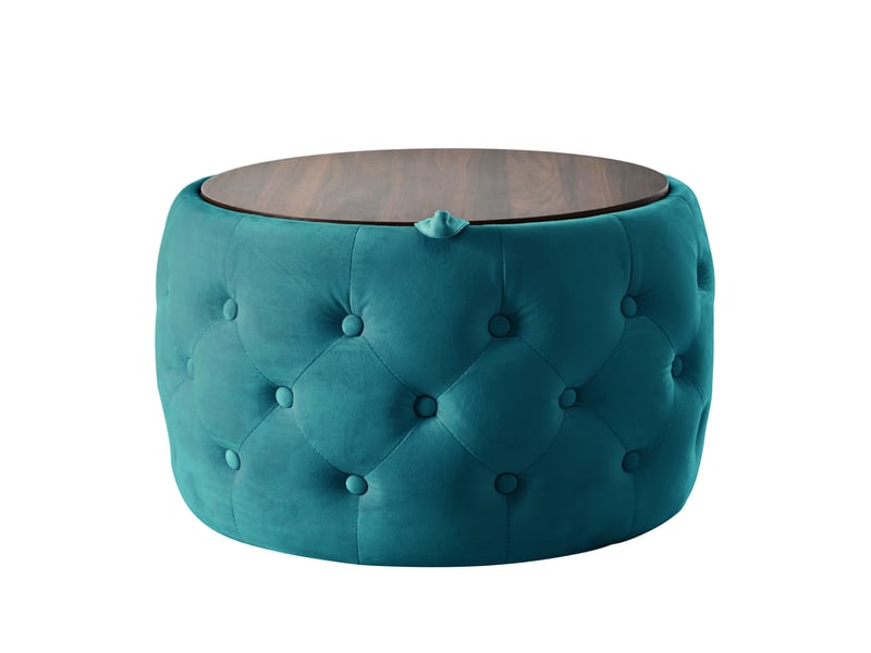 Lot de 2 poufs gigognes en velours, bleu, rangement et plateau bois 4-en-1  - Conforama A