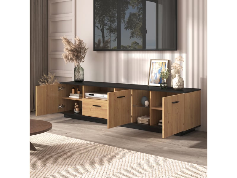  Meuble tv noir bois naturel avec tiroir, 3 portes, 2 niches vitrées et led réglables  - Conforama D