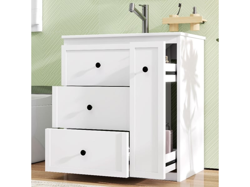  Meuble salle de bain sur pied 76 cm avec vasque en céramique intégrée, meuble vasque blanc laqué, 4 tiroirs  - Conforama B