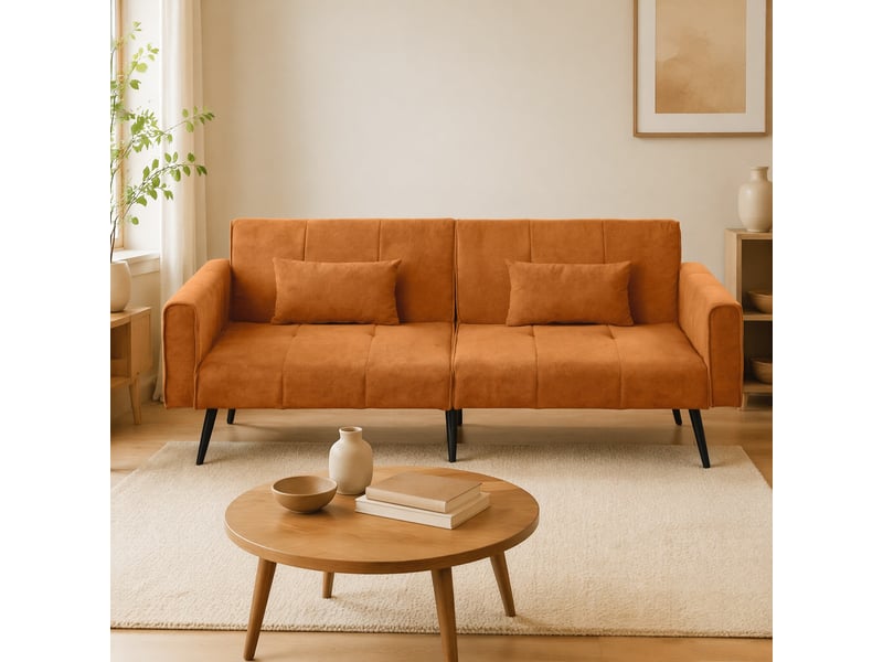 Canapé convertible 3 places modulable avec assise confortable et structure stable, en tissu côtelé orange - Conforama C