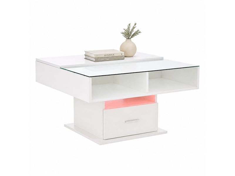  Table basse relevable avec led, rangement et tablette en verre, 78 x 78 cm, blanche  - Conforama A
