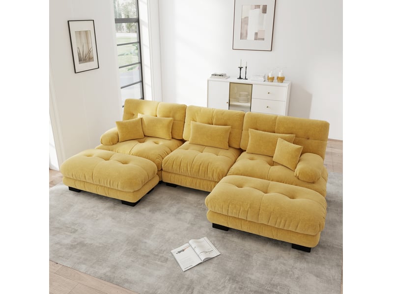 Canapé d’angle modulable convertible 3 places en chenille jaune avec ottoman - 313 x 145 x 81 cm - Conforama D