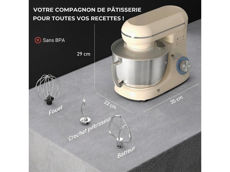  Robot pâtissier 1300 w, robot pétrin professionnel 4,5 l, bol d'acier inoxydable, 6+p vitesses et pulse, beige  - Conforama C