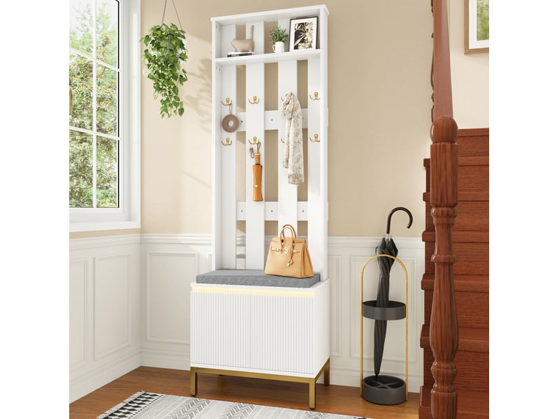 Vestiaire d’entrée avec banc, chaussures et led 60x35,5x191,5 cm blanc - Conforama W