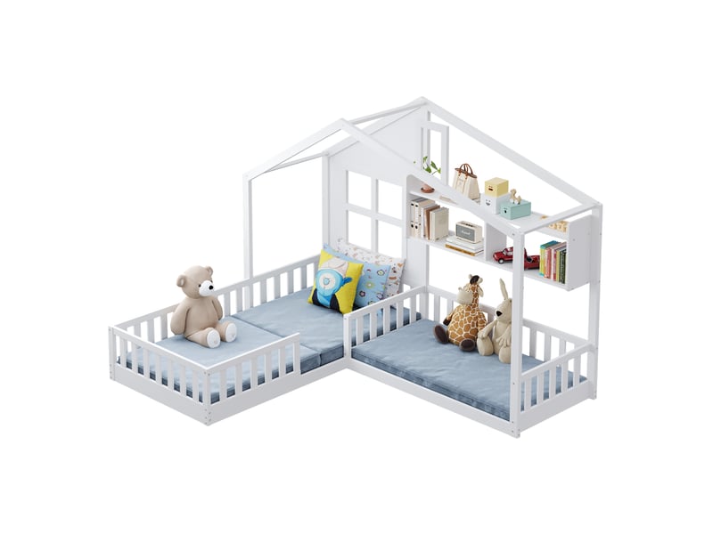 Lit enfant cabane 90 x 200 cm avec couchage 140 x 70 cm, rangements et led, blanc  - Conforama A
