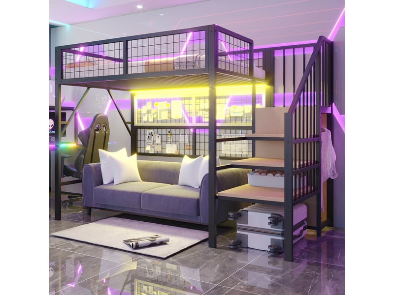  Lit mezzanine 90 x 200 cm, escalier, penderie ouverte, éclairage led intégré, commande par application, pour aménager la chambre, métal, noir ABC - Conforama E