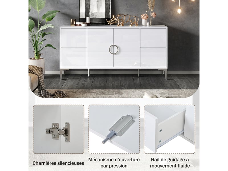  Buffet blanc laqué 150 cm meuble de rangement avec 4 tiroirs et 2 portes pour salle à manger  - Conforama E