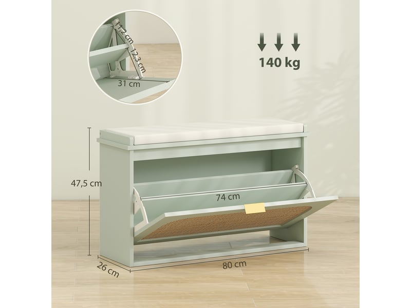  Banc à chaussures, banc de rangement, assise rembourrée, tiroir rabattable, porte en rotin, 80 x 26 x 47,5 cm, vert  - Conforama E