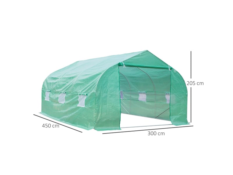 Serre 4,5 x 3 x 2 m, serre en aluminium avec porte enroulable, porte zippée, 6 fenêtres en filet, poteaux de support - Conforama E