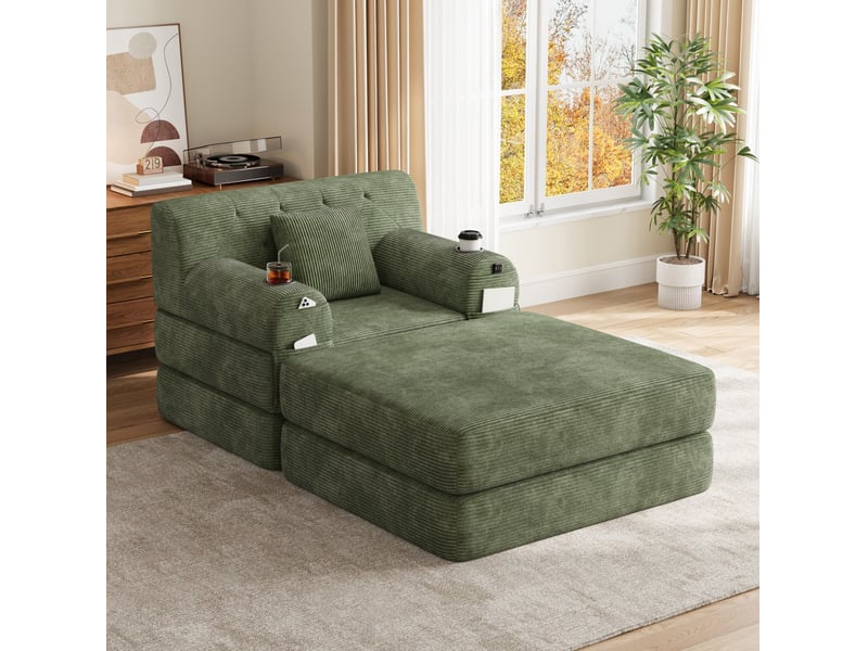 Canapé convertible compressé 1 place avec ottoman, en velours côtelé vert - Conforama D