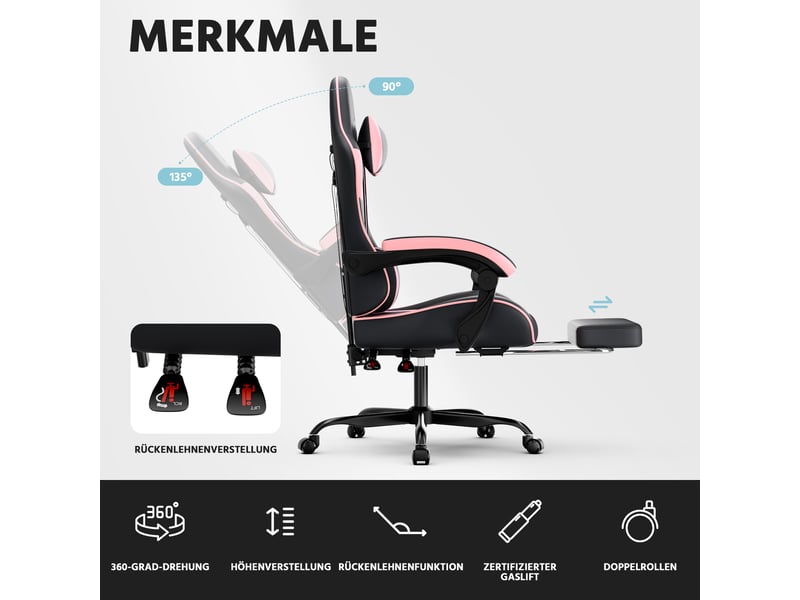  Fauteuil gaming ergonomique,58.5x63x120.5 cm,avec repose-pieds et dossier inclinable,pvc,rose et noir  - Conforama E