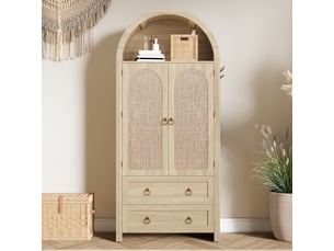 Armoire de rangement 80x40x180 cm avec portes en cannage rotin, style arqué, 2 tiroirs et étagères, buffet haut - aspect chêne