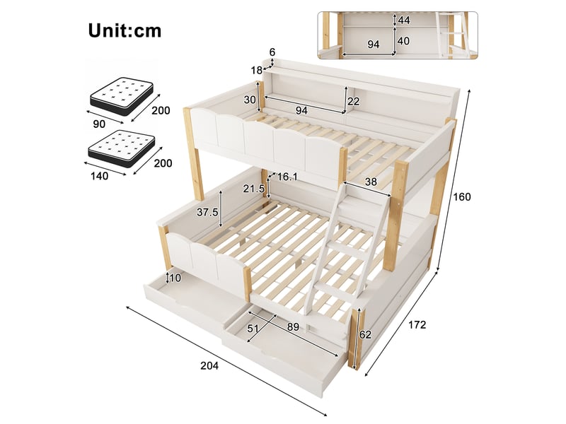  Lit superposé enfant 3 places 90×200 et 140×200 cm, 2 tiroirs et étagères - okmyhome- bois blanc et chêne, sans matelas  - Conforama D