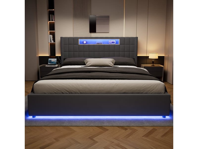  Lit coffre double 180 × 200 cm avec led, recharge usb et type-c, rangement hydraulique, sans matelas, gris  - Conforama E
