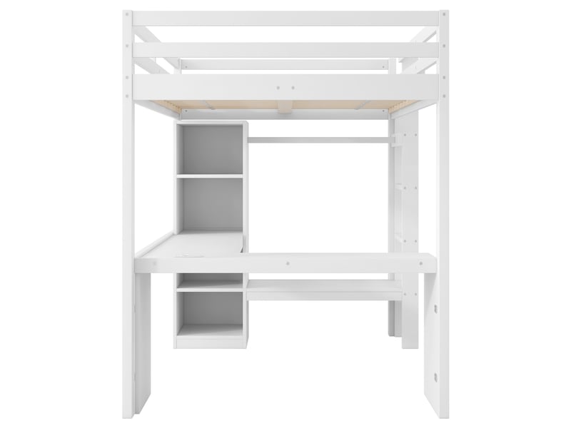  Lit mezzanine blanc 140×200 cm, pin et mdf, bureau sous le couchage, étagères multifonctions, éclairage led et usb  - Conforama E