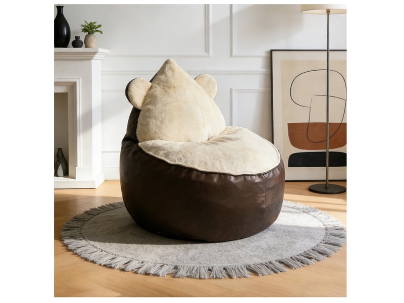  Fauteuil lounge ours en tissu marron et blanc 100 x 100 cm, assise basse et cocooning pour se détendre  - Conforama B
