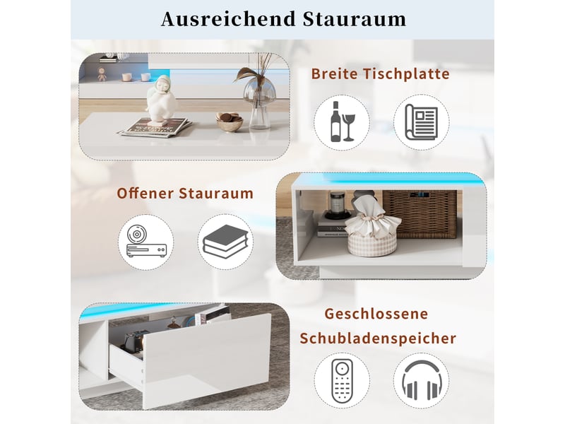  Table basse avec tiroir et led pour salon 100×50×40,3 cm en panneaux de particules blanc brillant  - Conforama C