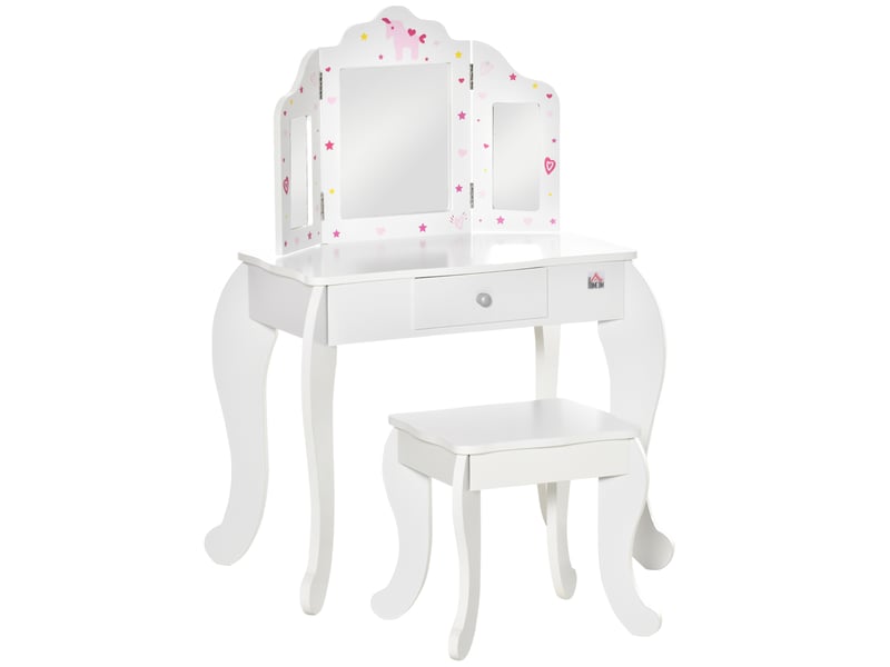 Coiffeuse enfant avec tabouret, miroir triptyque et tiroir coulissant - coiffeuse dim. 63l x 40l x 85,5h cm - Conforama B