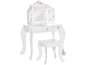 Coiffeuse enfant avec tabouret, miroir triptyque et tiroir coulissant - coiffeuse dim. 63l x 40l x 85,5h cm