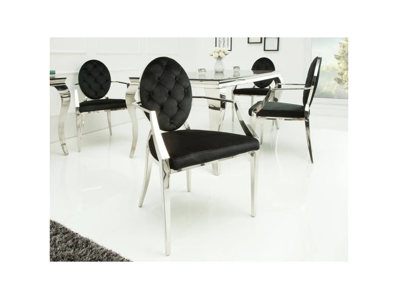  Chaise baroque velena en velours noir capitonné avec accoudoirs et structure argentée  - Conforama B