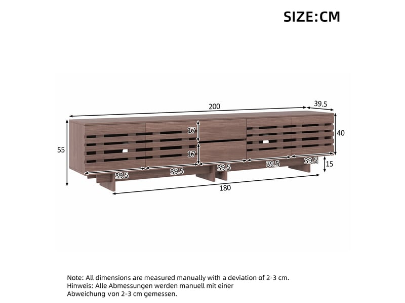  Meuble tv 200 cm avec rangement, 4 portes et 2 tiroirs, design noyer à lamelles pour salon moderne  - Conforama C
